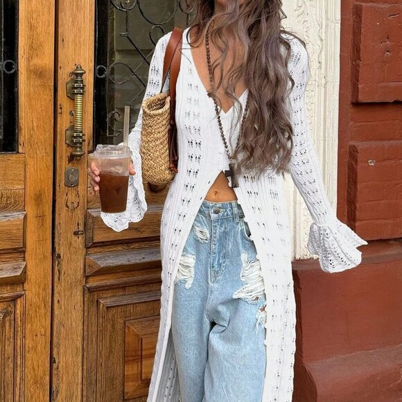 White Casual Women's Sexy V-Neck Long Sleeved Knitted Sun Girl Dress - Picture 7 of 10